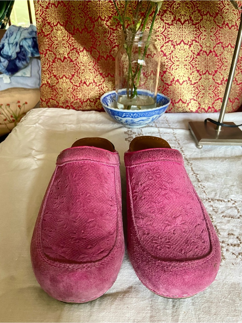 Women's Sanita Pink Suede Slip-On Clogs 36